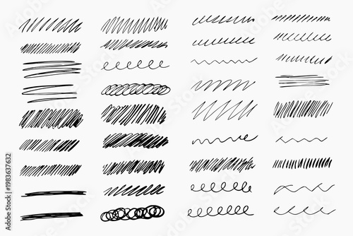 Collection of various black scribble lines and doodle style drawing elements