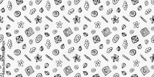 Intricate black and white doodle pattern of various pasta shapes and flowers