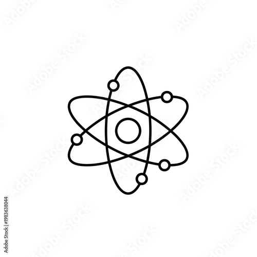 Atom Molecular Structure: A simple and elegant black outline of an atom. The image depicts the core structure with orbiting electrons, symbolizing the fundamental building block of all matter. 