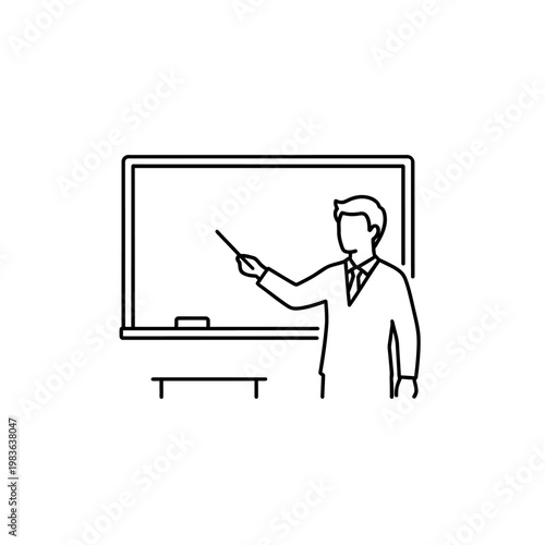 Teacher's Lecture: A teacher in a suit stands by a whiteboard, gesturing with a pointer, ready to deliver an engaging lesson or presentation.