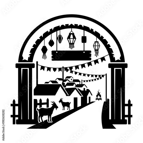 Sao Joao bonfire silhouette with figures and village backdrop