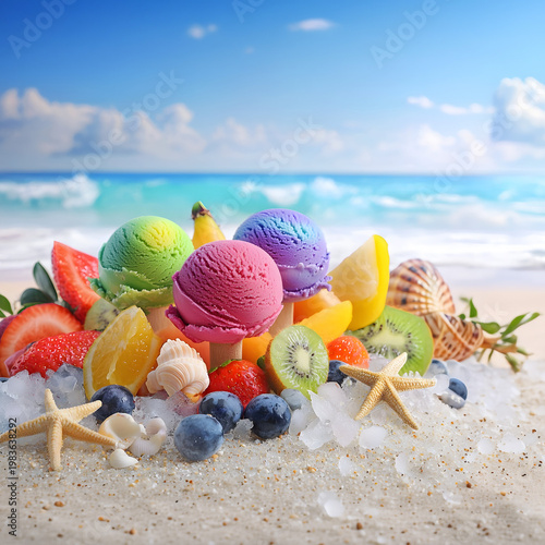 Colorful fruit ice creams on ice cubes, each paired with fresh fruit, placed on a sandy beach with seashells, starfish, and waves in the background. A vibrant and refreshing summer composition.