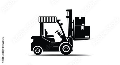 A detailed black silhouette depicts a forklift truck carrying stacked cardboard boxes showcasing industrial logistics and transport silhouette high quality professional modern elegant stylish