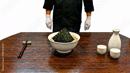 Close-up of a chef serving a bowl of ramen topped with nori on a table, with a glass of sake and chopsticks, for an advertisement featuring Japanese and Asian cuisine, 