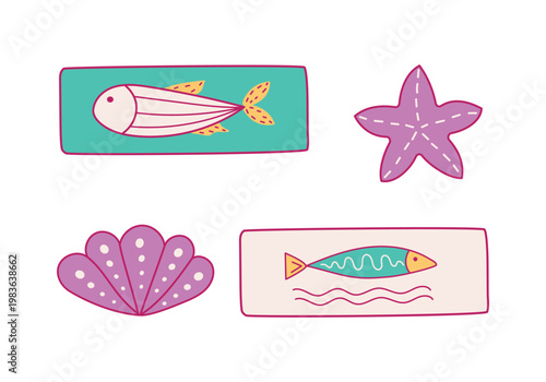 Summer icons with fish, shells, sea animals and starfish. A colorful, vibrant tile set. Travel, summer vacation. Hand-drawn vector illustration, drawing, and doodle.