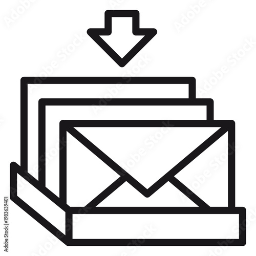 Photography Black vector icon of an inbox tray with incoming mail envelopes and a downward arrow, minimalist line art illustration for business communication, email, and messaging apps isolated on white
