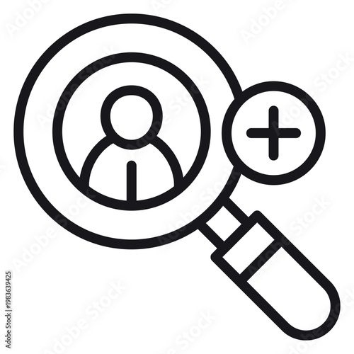 Black vector line icon of a magnifying glass with a person silhouette inside and a plus sign, representing recruitment, hiring, searching for people, or adding a new user, friend, or contact.