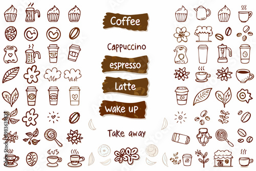 Collection of hand drawn coffee tea and dessert related doodle illustrations