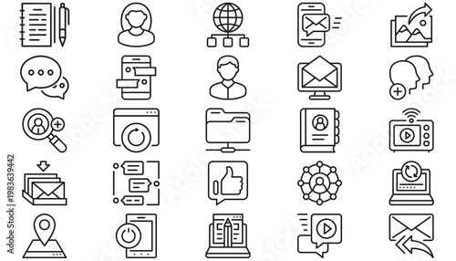 25 Minimalist Black Vector Icon Set: Communication, Social Media, Business, and Technology Symbols. Includes Messaging, User Profiles, Email, Networking, Web Design, and Digital Interface Elements.