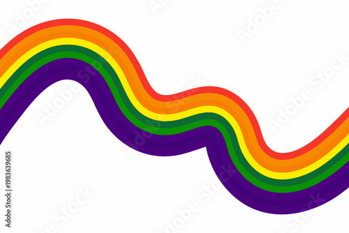 A vibrant undulating rainbow wave stretches across a white background