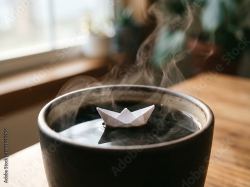 Conceptual macro shot of tiny origami paper boat floating on steaming black coffee surface in minimalist morning scene