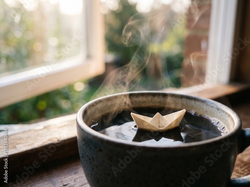 Conceptual macro shot of tiny origami paper boat floating on steaming black coffee surface in minimalist morning scene