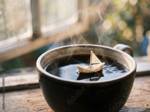 Conceptual macro shot of tiny origami paper boat floating on steaming black coffee surface in minimalist morning scene