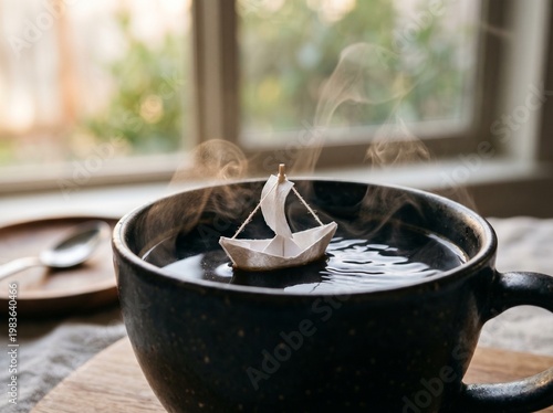 Conceptual macro shot of tiny origami paper boat floating on steaming black coffee surface in minimalist morning scene