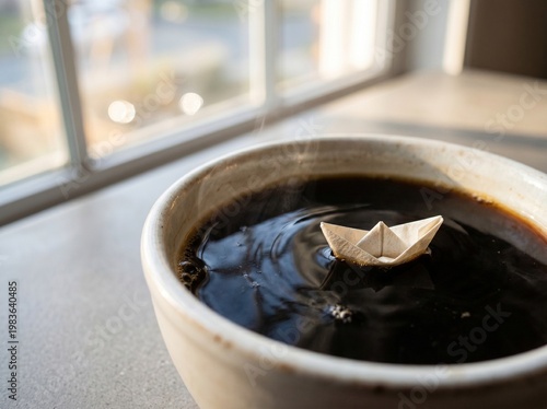 Conceptual macro shot of tiny origami paper boat floating on steaming black coffee surface in minimalist morning scene