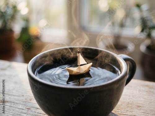 Conceptual macro shot of tiny origami paper boat floating on steaming black coffee surface in minimalist morning scene