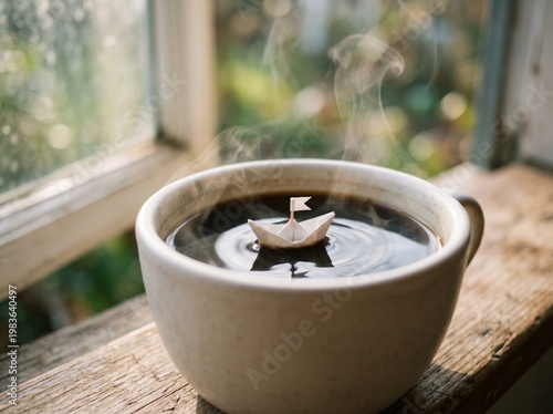 Conceptual macro shot of tiny origami paper boat floating on steaming black coffee surface in minimalist morning scene