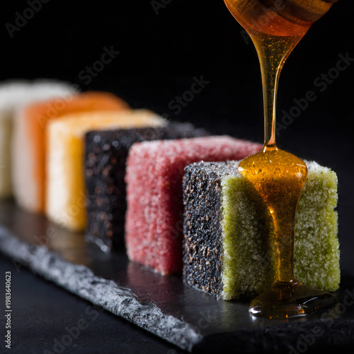 A minimalist still-life composition of colorful Korean rainbow rice cakes (injeolmi) arranged on a sleek black slate, each cube perfectly cut and coated with different powdered flavors—matcha, black s