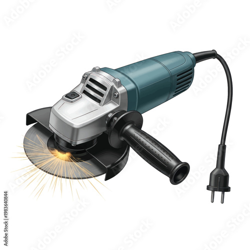 Powerful handheld angle grinder with cutting disc, auxiliary handle, and safety features for metalworking tasks.