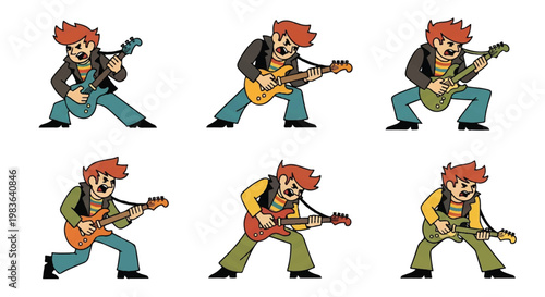 Cartoon musician playing electric guitars set on white