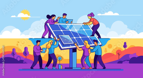 Diverse team installing solar panel.