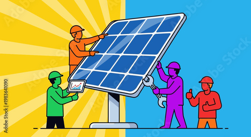 Workers installing solar panel on a sunny day.