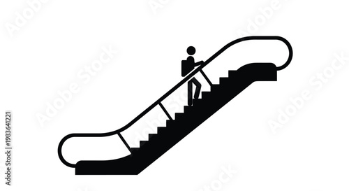 A minimalistic depiction shows a person riding an ascending escalator presented as a stark black shape against a white background silhouette high quality professional