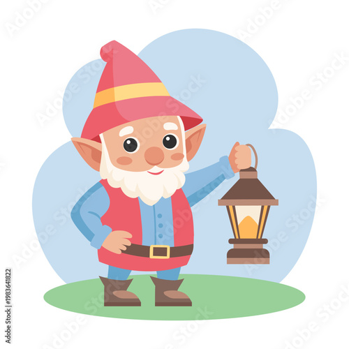 Cute garden gnome holding a lantern. Children illustration.