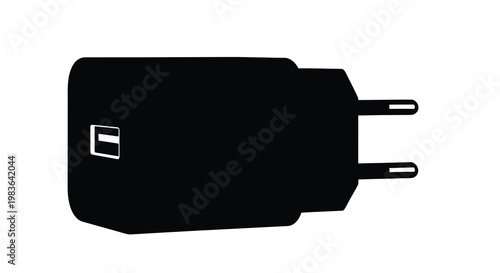 Black power adapter depicted in a stark graphic silhouette