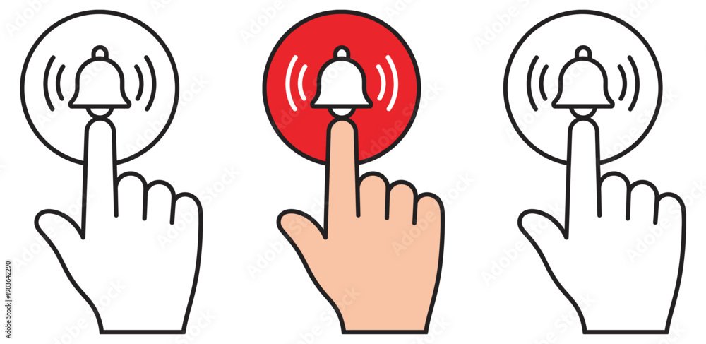 Fototapeta premium Cursor hand click bell icon pack, notification alert interaction symbols, digital interface graphics, user click action indicators, subscription enable elements