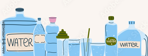 Drinking water background for hydration and sport. Plastic bottles and glasses for healthy lifestyle design, fitness advertising, school posters.