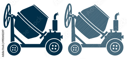 Cement mixers, construction equipment, industrial vehicles, blue icons, wheelbarrows