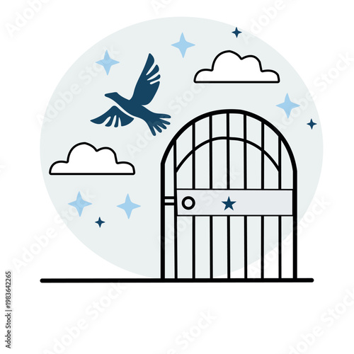 Freedom concept bird escaping cage illustration vector art