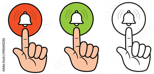 Hand cursor clicking notification bell icon, digital interface interaction symbol, alert subscription graphics, user interface click action, notification enable concept