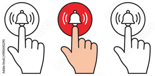 Cursor hand click bell icon pack, notification alert interaction symbols, digital interface graphics, user click action indicators, subscription enable elements