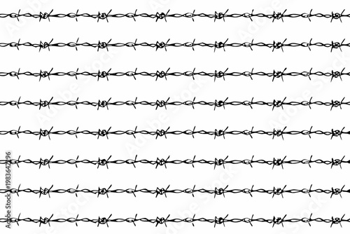 Repetitive pattern of black barbed wire against a stark white background