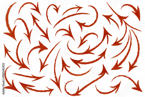 A chaotic arrangement of orange arrows points in various directions