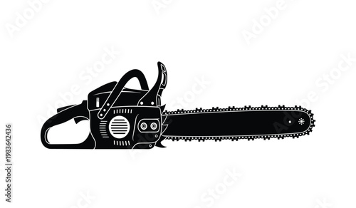 A strikingly detailed black and white illustration showcases a chainsaw emphasizing its mechanical components and sharp blade presented as a silhouette high quality professional