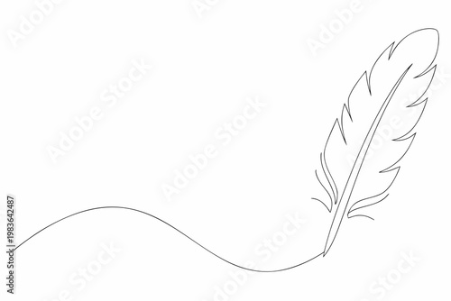 A simple line drawing depicts a single feather with a curved quill