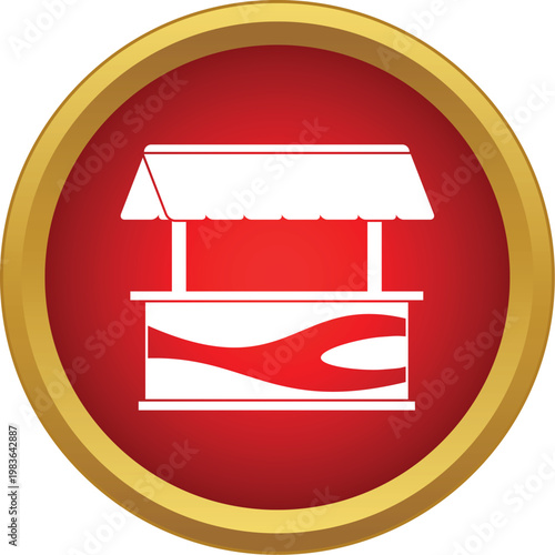 Kiosk selling products with an awning and counter inside a red and gold circle