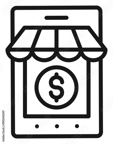 Mobile online shopping vector icon illustration featuring a smartphone with a store awning and a dollar sign coin on the screen, representing e-commerce, digital retail, and mobile payments.