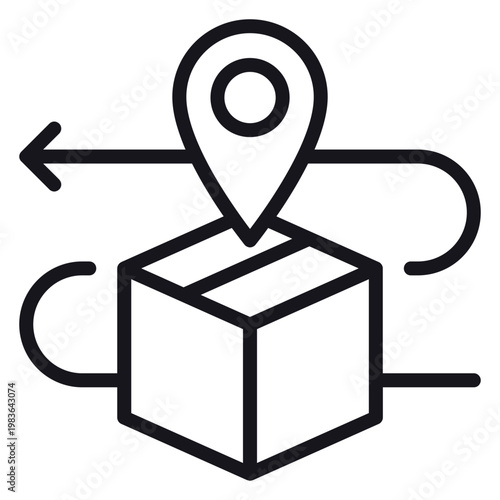 Foto Black line vector icon illustration of a cardboard box package with a location pin and curved arrow, representing delivery tracking, shipping logistics, transit, and package return services