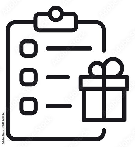 Foto Gift list vector icon featuring a clipboard with check boxes and a wrapped present box, perfect for holiday shopping registries, wishlists, reward programs, and task management illustrations