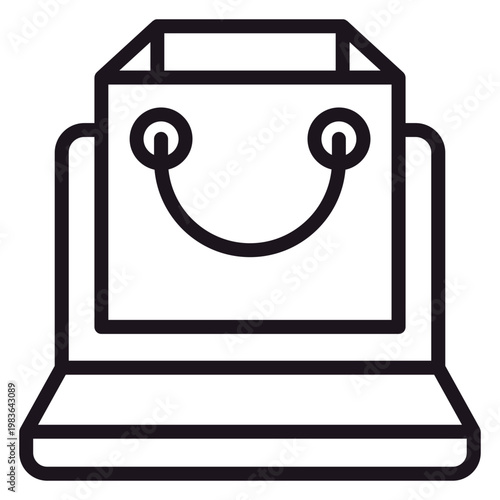 Fotografi Minimalist black line vector icon of a laptop computer with a shopping bag on its screen, symbolizing online shopping, e-commerce business, digital retail, and internet marketplace transactions