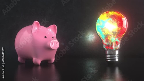 Creative Financial Idea with Piggy Banks and Glowing Light Bulb. 4k video, ProRes 4444.