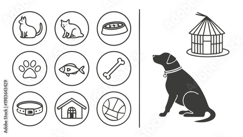 A vector graphic illustration of a dog and cat icons with various pet related symbols