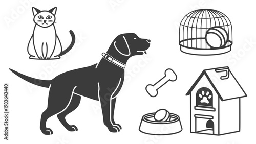 A black and white vector illustration of pets and pet accessories