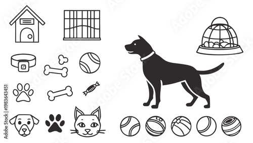 Slika na platnu A black and white vector graphic illustration of a dog and various pet related i