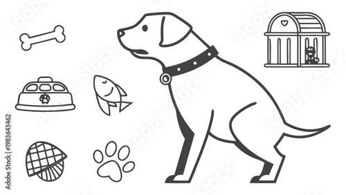 A black and white vector illustration of a dog surrounded by pet related icons