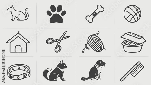A set of black and white vector icons depicting various pet care and animal related symbols